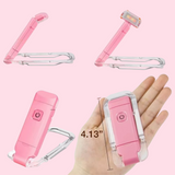 Pink clip-on LED light with a clear carabiner clip, shown in multiple angles including one held in a hand with a size measurement of 4.13 inches.