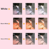 A pink informational graphic showing a white book light  in a 3x3 grid, with rows showing White, Warm White, and Natural White light options and arrows indicating color temperature mode effects on a book underneath.