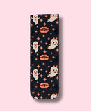 bookmark with ghost and vampire lip pattern on a pink background