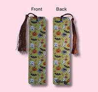 front and back of Bookmark with Halloween-themed design on a pink background