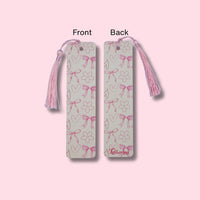 Two sides of the bookmark with pink bows on a light pink background, labeled 'Front' and 'Back'.