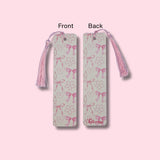 Two sides of the bookmark with pink bows on a light pink background, labeled 'Front' and 'Back'.