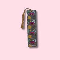 Bookmark with colorful fall-themed pattern on a pink background