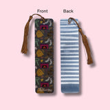 Two views of a bookmark with tassels on a pink background