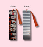Front and Back side of a bookmark, one with a tassel on the front and another with an aluminum look design on the back, on a pink background.