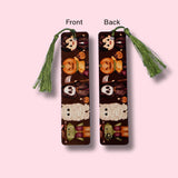 Two bookmarks with tassels, one showing front view and the other the back, on a pink background.