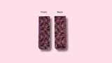 Patterned product packaging showing front and back views on a pink background