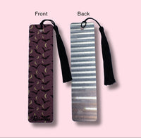 front side and back side of bookmarks\ with bats and crescent moons on a pink background