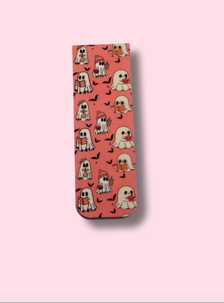 Rectangular magnetic bookmark with ghost pattern on a pink background