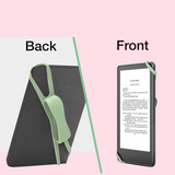 A black tablet case with a light green strap, shown from both back and front angles on a pale pink background. The left side is labeled 'Back' and shows the case standing open; the right side is labeled 'Front' and shows the tablet inserted, with the screen on.
