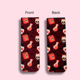 front and back view of a magnetic bookmark with potion bottles and skull pattern on a pink background