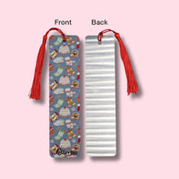 Bookmark with front and back designs on a pink background