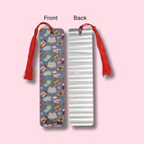 Bookmark with front and back designs on a pink background