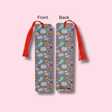 front view and back view of Bookmark with winter pattern on a pink background