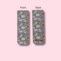Patterned product showing front and back views on a pink background