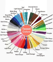 A circular display of various tassel colors ranging from red, orange, yellow, green, blue, to purple.